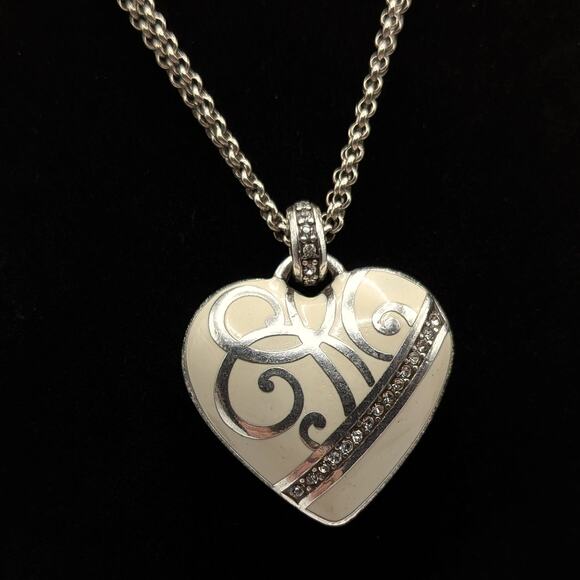 Brighton Cream Enamel Silver Tone Scroll Heart Dual Chain Pendant Necklace - Picture 1 of 6